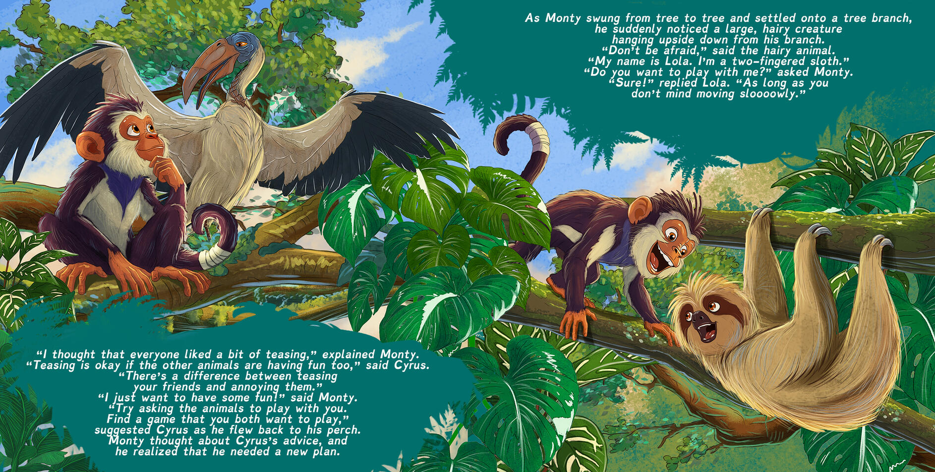 Colorful children's book spreads showing Monty the Monkey meeting Lola the sloth and Cyrus the stork among lush tropical trees and rainforest plants.