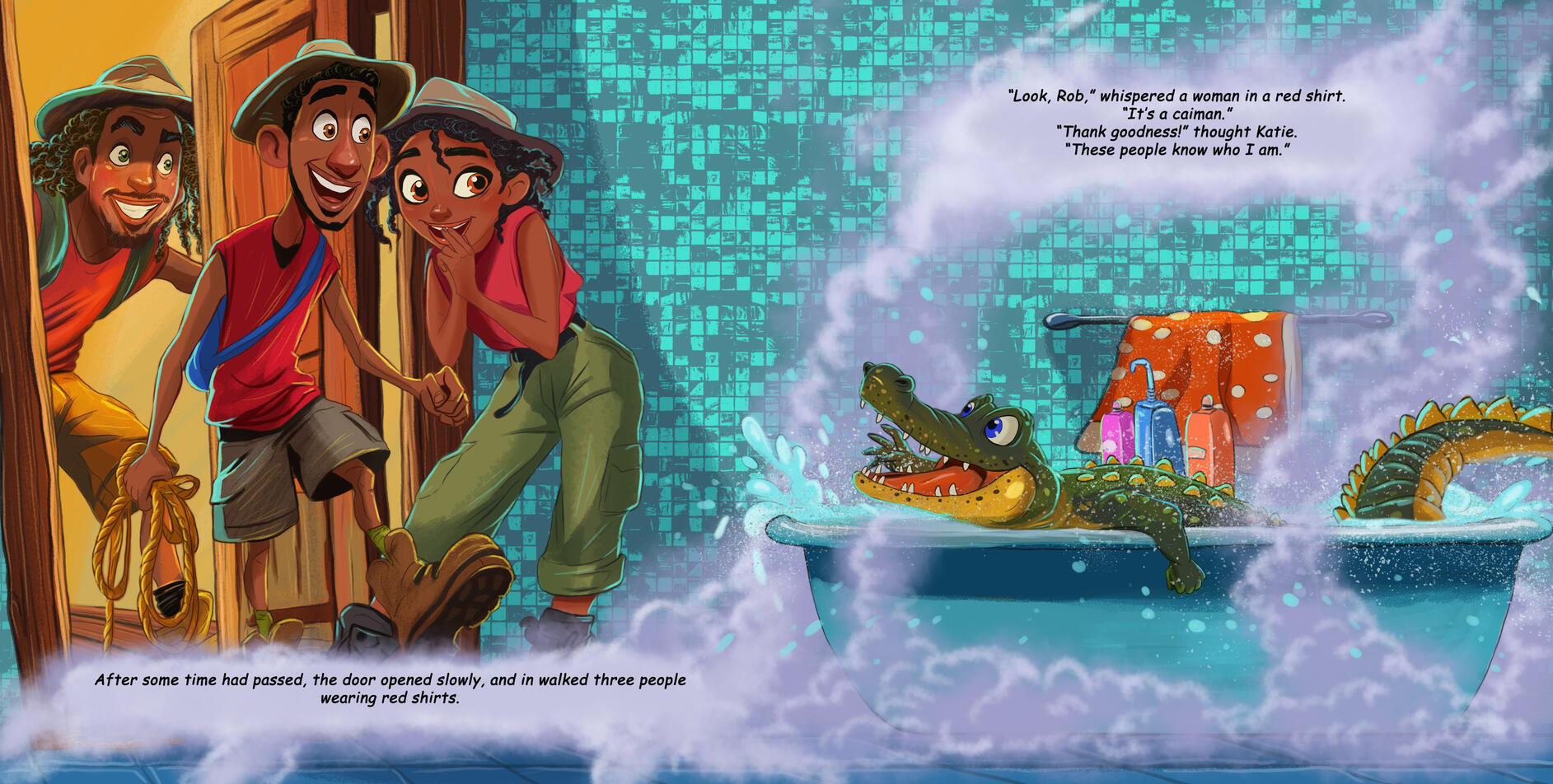 Children's book illustration of three wildlife rescue workers entering a bathroom to help Katie the caiman while two children watch nearby.