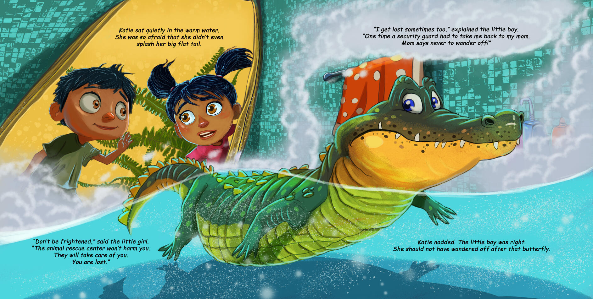 Children's book illustration of Katie the caiman resting in a bathtub while two concerned children kneel beside her and gently comfort her.